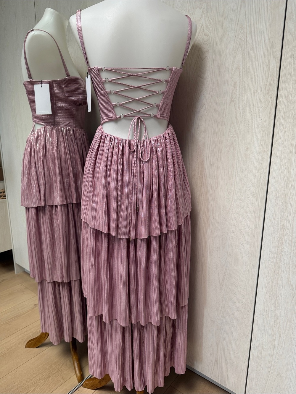 NWT Sabina Musayev metallic pink Tiered Pleated lace back Bustier Maxi Dress S - Picture 2 of 12